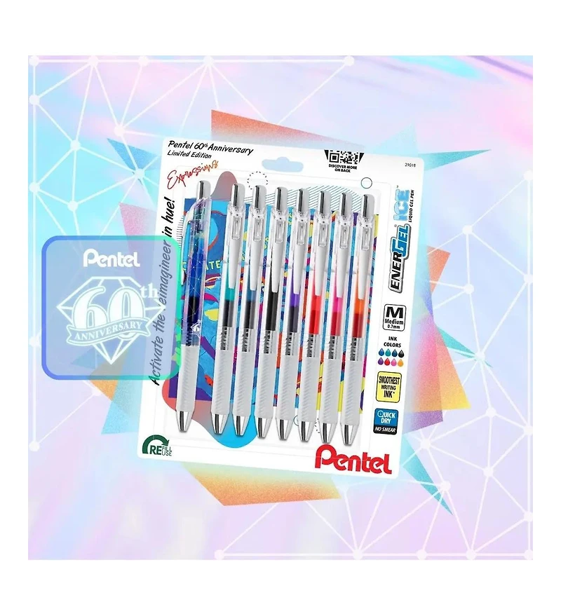 Pentel EnerGel Expressions, 60th Anniversary Limited Edition Pack, Ice Liquid Gel Pens, (0.7mm) Medium Line, Assorted Ink, 8-Pk