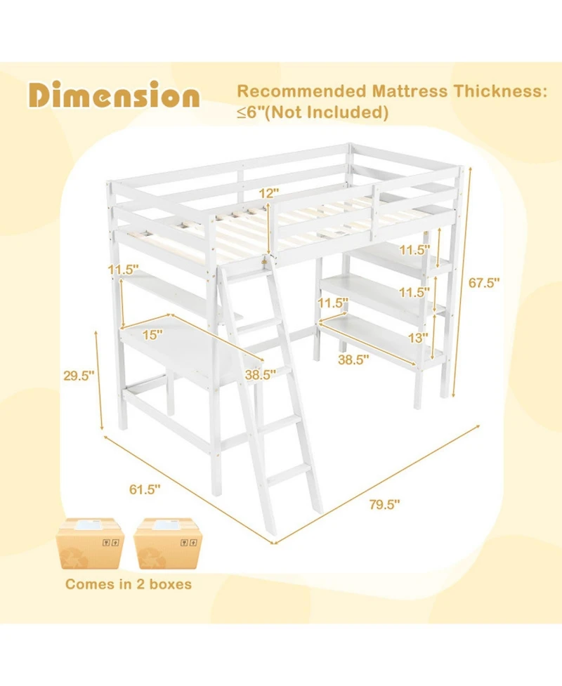 Gouun Twin Size Wood Loft Bed with Study Desk, Multi-Tier Bookshelves and Ladder