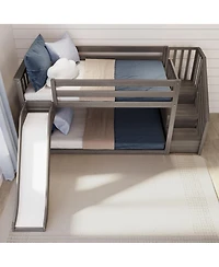Max and Lily Twin Over Low Bunk Bed with Slide Stairs, Solid Wood Kids Platform Guardrails