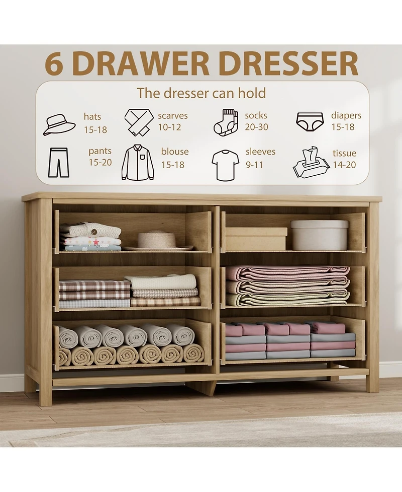 gaomon 6 Drawer Rattan Dresser for Bedroom, Tall Freestanding Boho Chest of Drawers