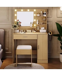 Homfan Modern Vanity Desk with Mirror Led Lights, Power Outlet, Storage Shelf, Hairdryer Rack, Adjustable Lighting, Cushioned Stool for Bedroom