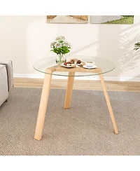 Gouun 36 in Round Glass Dining Table for 4 with Rubber Wood Pedestal Base