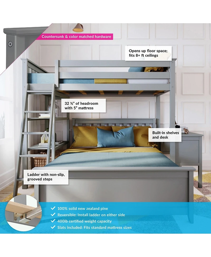 Max and Lily L-Shaped Twin over Full Bunk Bed with Bookcase Desk, Clay