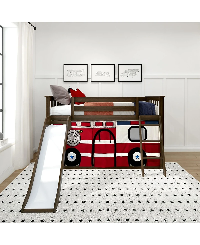 Max and Lily Low Bunk With Easy Slide Firetruck Curtain