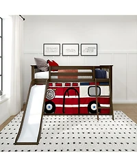 Max and Lily Low Bunk With Easy Slide Firetruck Curtain