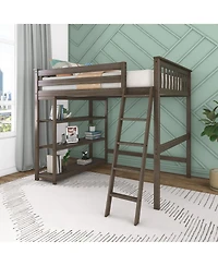 Max & Lily Full High Loft Bed with Ladder and Bookcase, Solid Wood Frame, Space Saving, 400 lbs Weight Capacity, Easy Assembly, Pecan