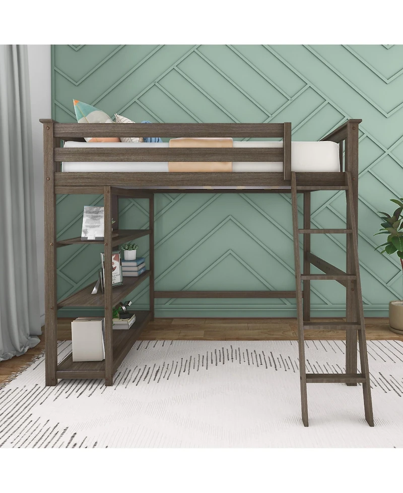 Max & Lily Full High Loft Bed with Ladder and Bookcase, Solid Wood Frame, Space Saving, 400 lbs Weight Capacity, Easy Assembly, Pecan