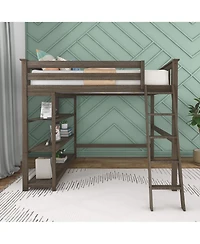 Max & Lily Full High Loft Bed with Ladder and Bookcase, Solid Wood Frame, Space Saving, 400 lbs Weight Capacity, Easy Assembly, Pecan
