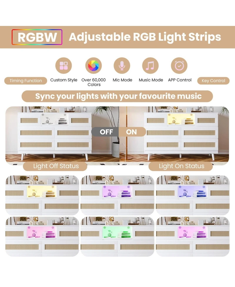 gaomon 6 Drawer Rattan Dresser with Led Lights and Charging Station, Modern Double Chest