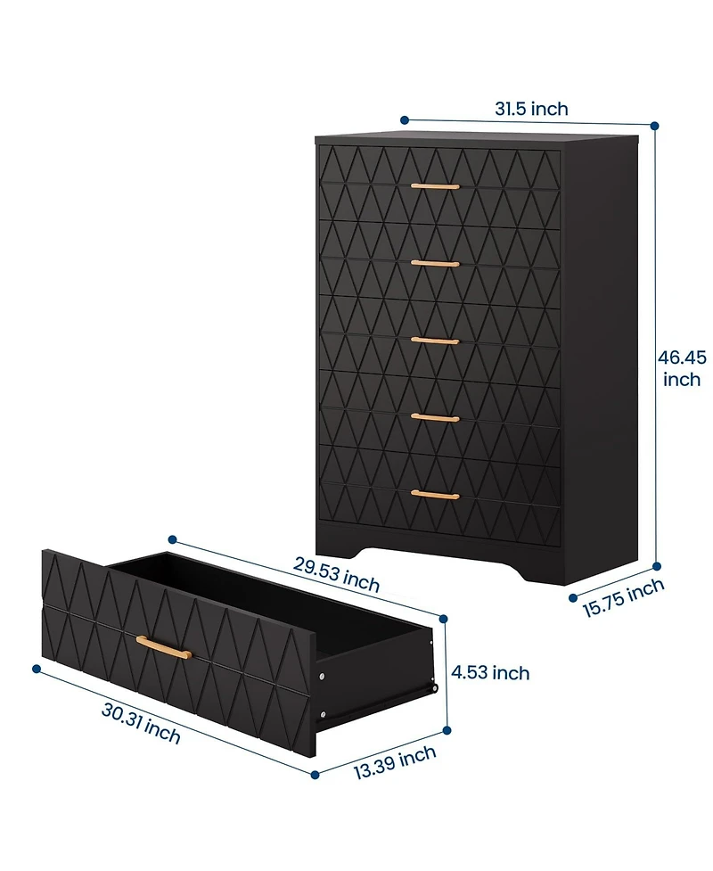 gaomon 5 Drawer Dresser for Bedroom with Gold Handles, Tall Wood Chest Storage Cabinet Organizer