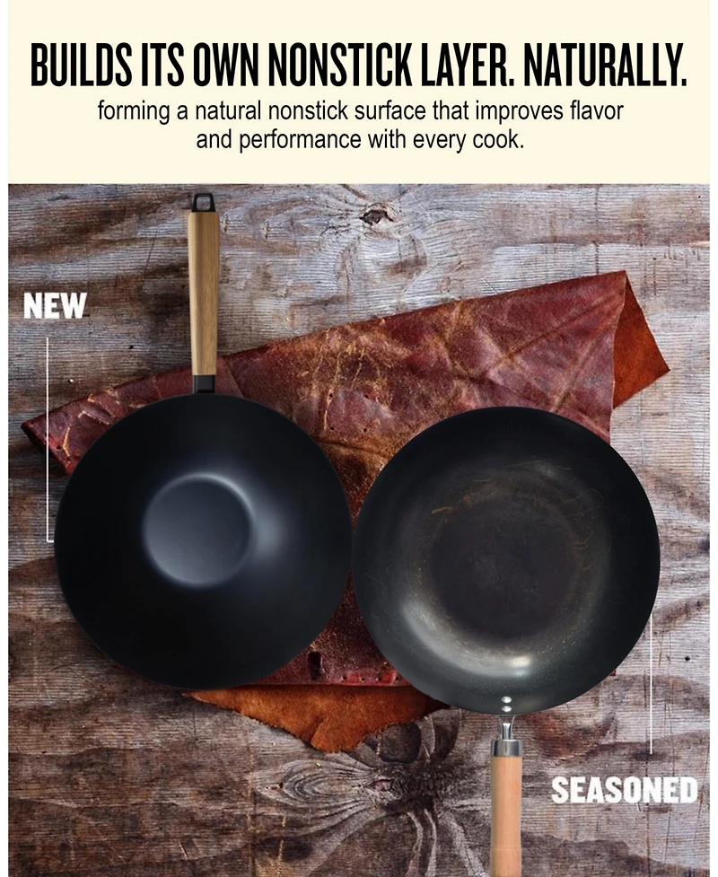 Alva Forest 12” Carbon Steel Wok Pan - Stay-Cool Acacia Handle