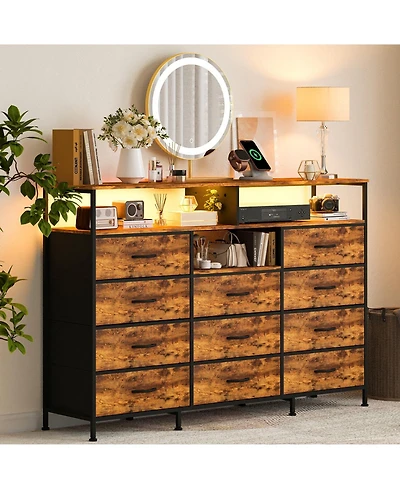 gaomon 11 Drawer Fabric Dresser with Led Lights and Power Outlet, Storage Cabinet Open Shelves