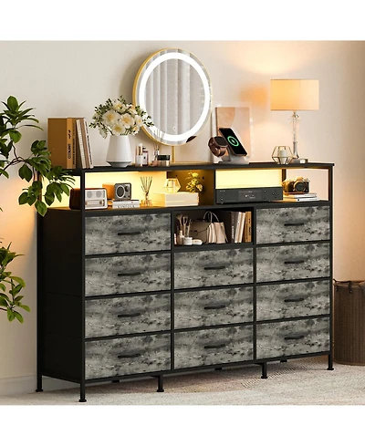 gaomon 11 Drawer Fabric Dresser with Led Lights and Power Outlet, Storage Cabinet Open Shelves