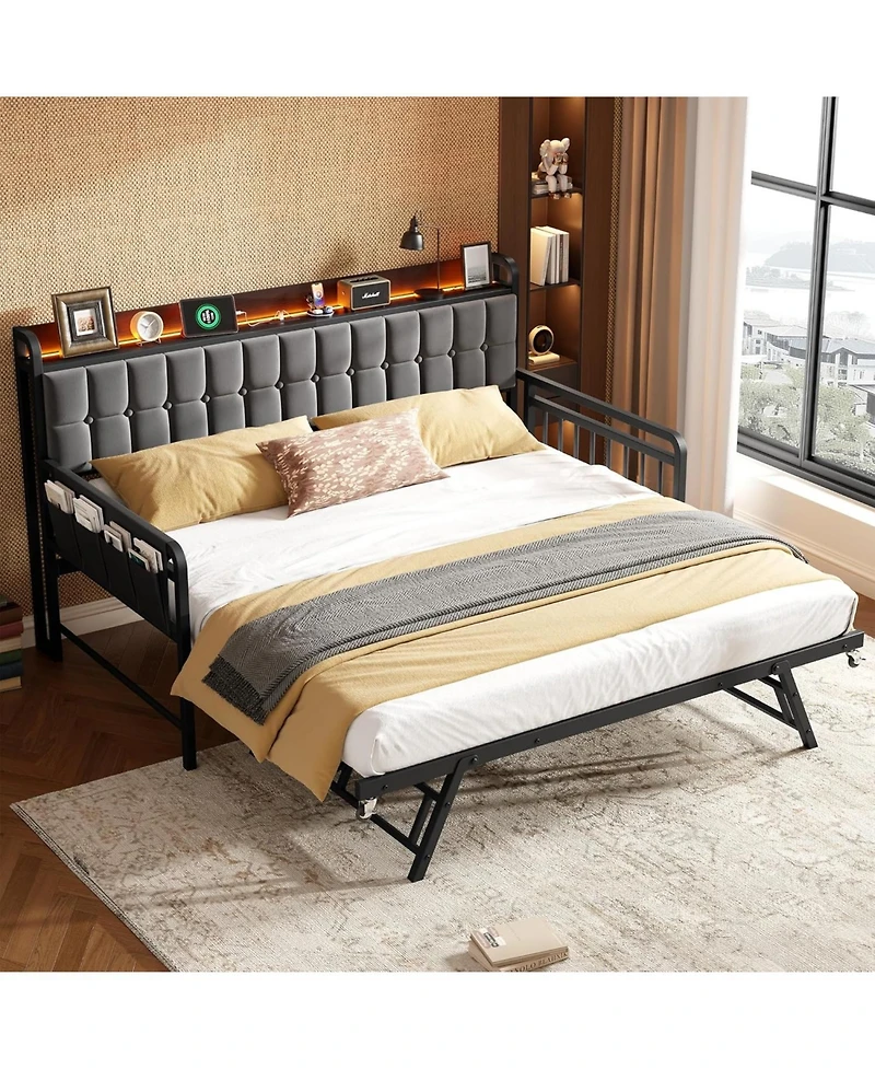 gaomon Twin Bed Frame Daybed with Trundle - Led Light and Charging Station, Upholstered Sofa Storage Headboard