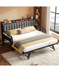 gaomon Twin Bed Frame Daybed with Trundle - Led Light and Charging Station, Upholstered Sofa Storage Headboard