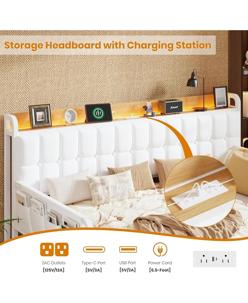 gaomon Twin Bed Frame Daybed with Trundle - with Led Light and Charging Station, Upholstered Sofa Bed with Storage Headboard