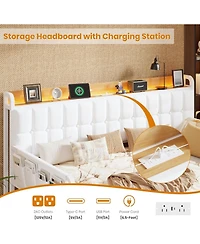 gaomon Twin Bed Frame Daybed with Trundle - with Led Light and Charging Station, Upholstered Sofa Bed with Storage Headboard