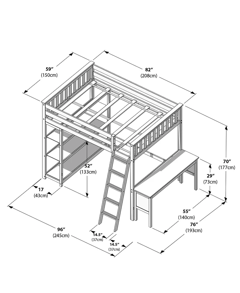 Max and Lily Full High Loft Bed with Desk, Ladder Bookcase, Solid Wood Frame, Space Saving, 400 lbs Weight Capacity, Easy Assembly