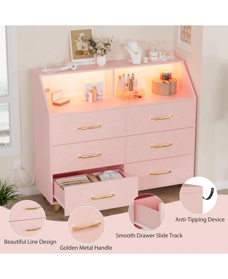 gaomon 6 Drawer Dresser with Charging Station, Shelf and Led Light, 47 inches Modern Wooden Chest