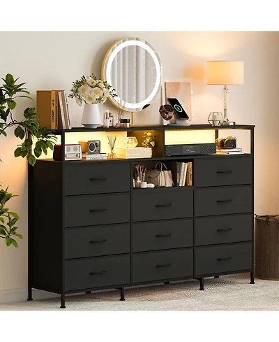 gaomon 11 Drawer Fabric Dresser with Led Lights and Power Outlet, Storage Cabinet Open Shelves
