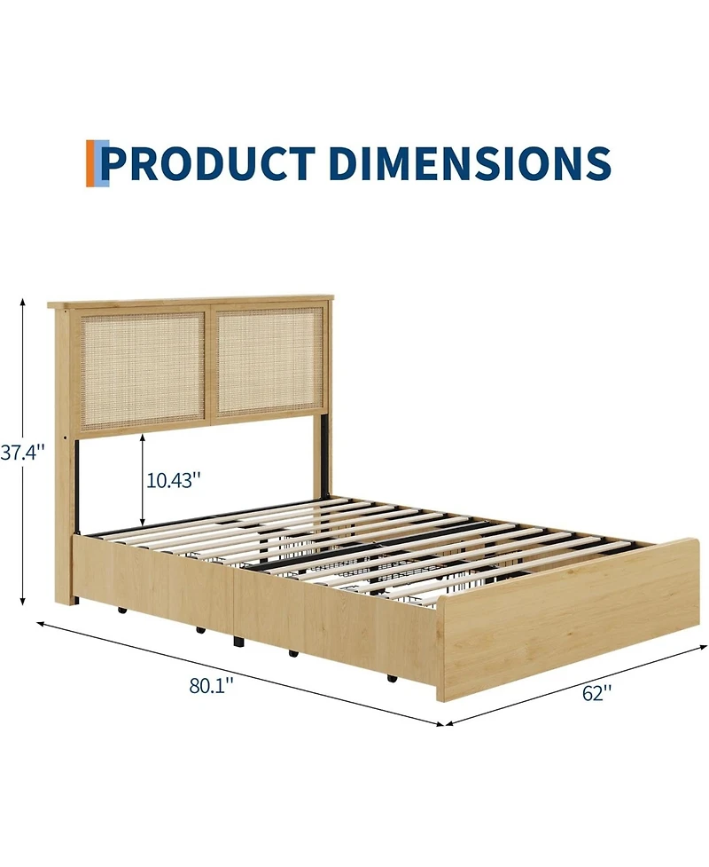 gaomon Size Rattan Bed Frame with 4 Storage Drawer, Boho Style Rattan Bed with Led Light and Natural Headboard, Sturdy Wooden Slats Support