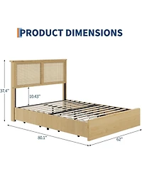 gaomon Size Rattan Bed Frame with 4 Storage Drawer, Boho Style Rattan Bed with Led Light and Natural Headboard, Sturdy Wooden Slats Support