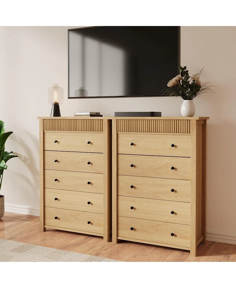 gaomon Modern Fluted 5 Drawer Tall Dresser, 31.5" Wide Wooden Storage Chest for Bedroom