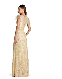 Mac Duggal Petite V Neck Flutter Sleeve Floral Embroidered Gown