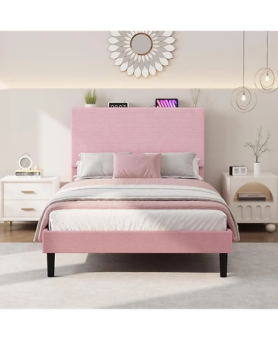 gaomon Twin Size Bed Frame with Adjustable Upholstered Headboard, Platform Bed Frame with Storage Shelf and Charging Station, Strong Wood Slats