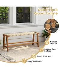Sugift 47 in Teak Wood Backless Outdoor Bench with Hand-Woven Pp Seat