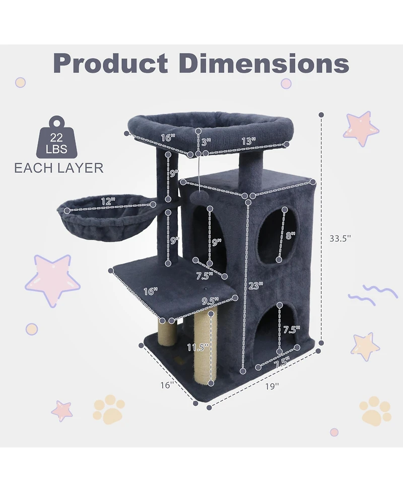 Cozito Cat Tower 33.5 in Cute with 2-Tier Condo and Perch