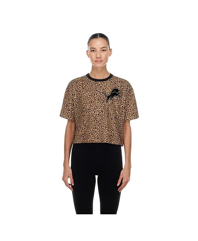 New Era Women's Brown Detroit Lions Mom Me Leopard Boxy Cropped T-Shirt