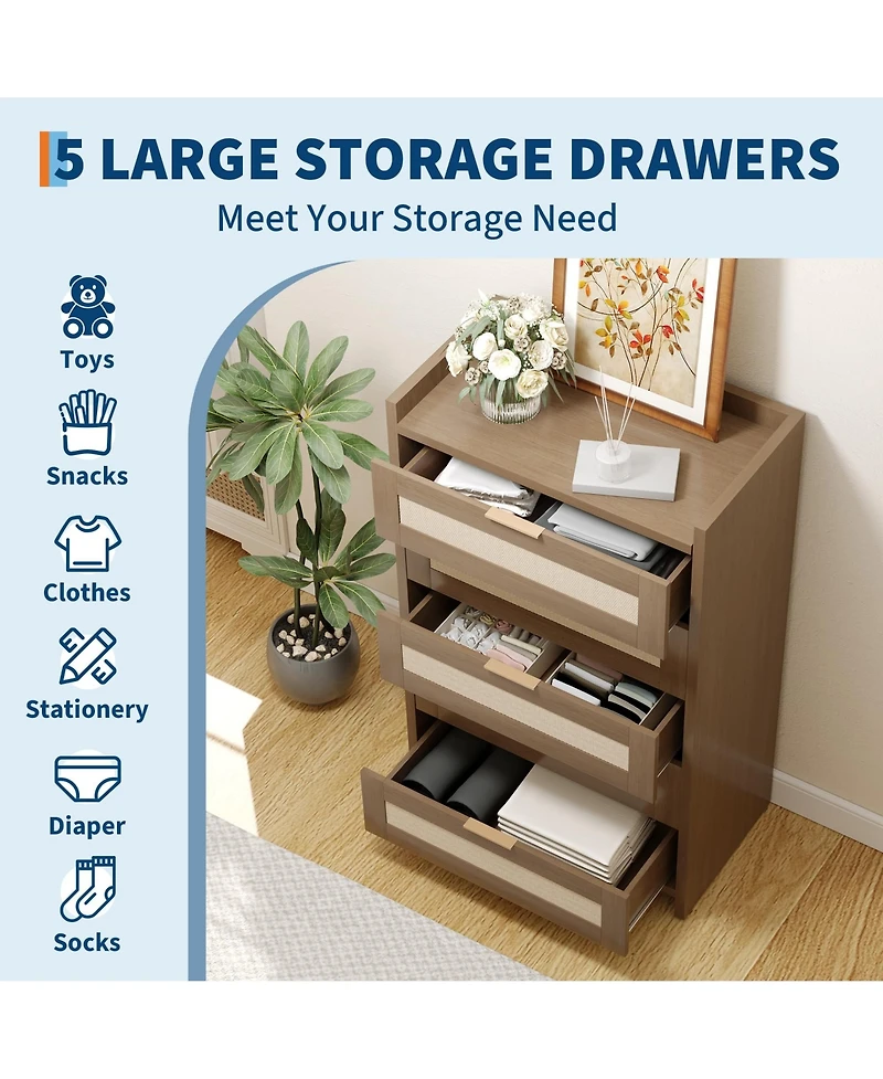 gaomon Rattan 5 Drawer Dresser, 46" Tall Wooden Chest with Metal Handles for Bedroom, Living Room