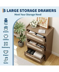 gaomon Rattan 5 Drawer Dresser, 46" Tall Wooden Chest with Metal Handles for Bedroom, Living Room