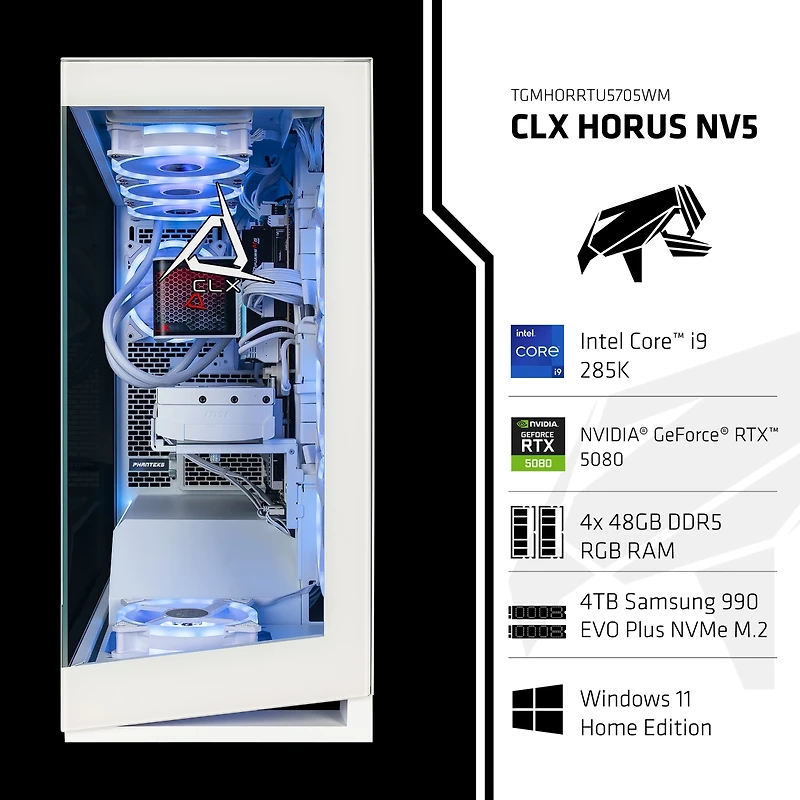 Clx Horus Liquid Cooled Gaming Desktop Computer, Intel Core Ultra 9 285K 3.7GHz, 192GB Ram, 4TB Ssd, Nvidia GeForce Rtx 5080 Ventus 3X Oc 16GB