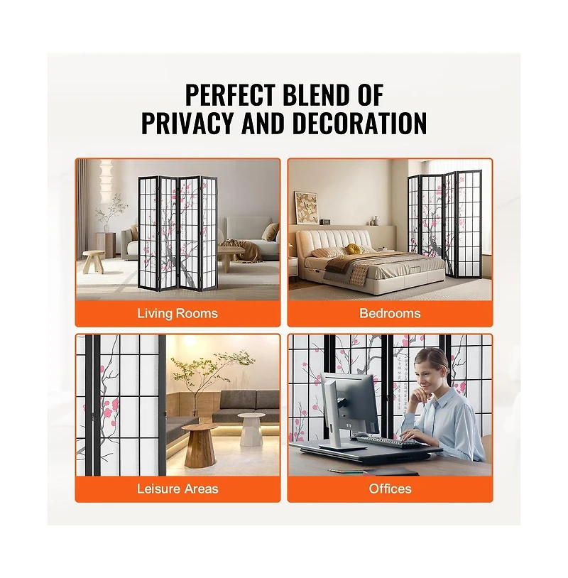 Sugift 4-Panel Japanese Shoji Style Folding Room Divider Screen, 66.9 in Tall Wood Frame