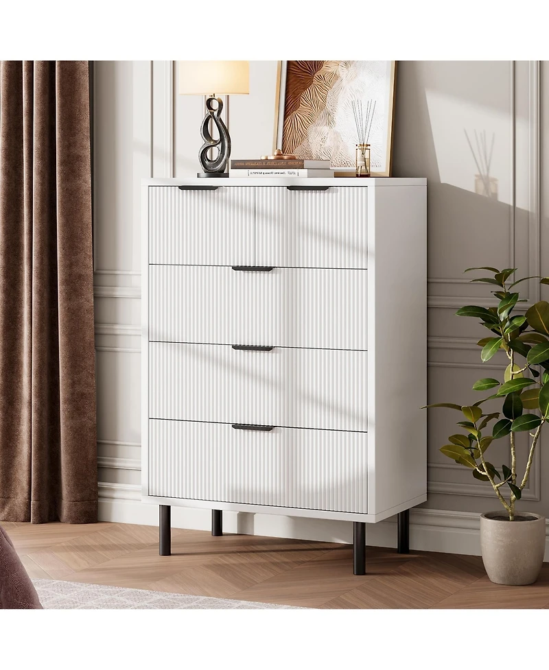 gaomon 5-Drawer Fluted Dresser for Bedroom, Modern Wide Chest of Drawers with Metal Legs Storage Cabinet