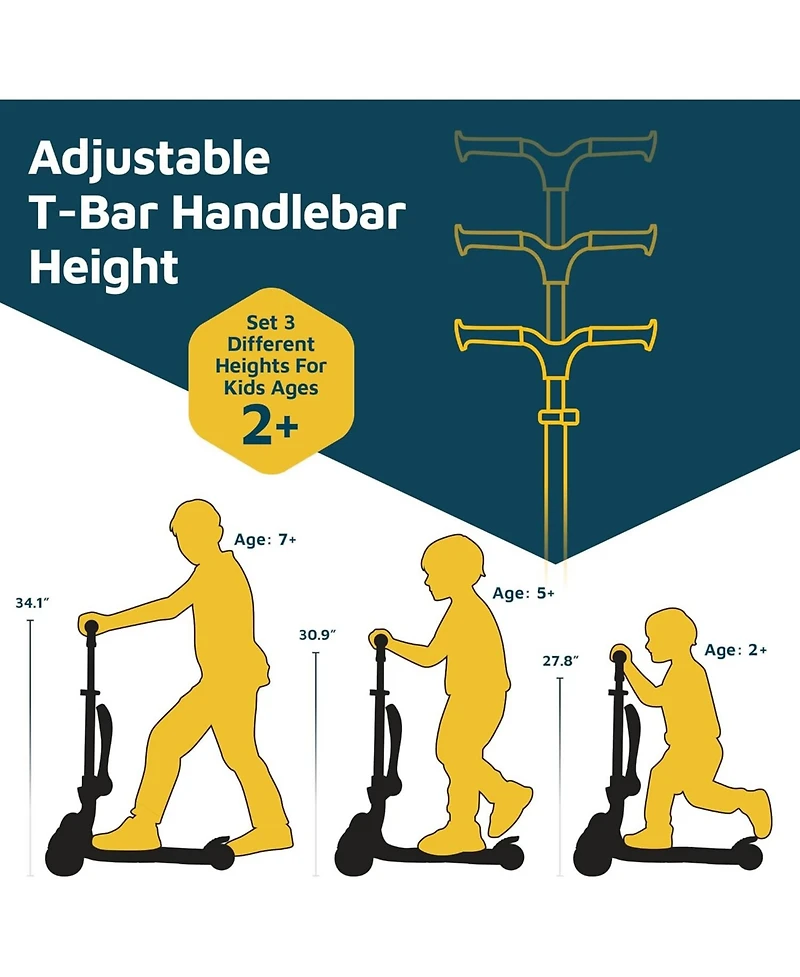 3 Wheel Scooter for Kids with Foldable Seat, Adjustable Handlebar Height, Lean-to-Steer Ride On Toy for Kids Ages 2+, Light-Up Led Wheels, Wide Anti S