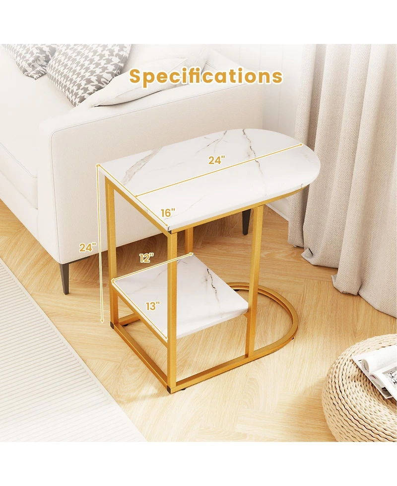 Gymax C-Shaped Side Table Compact 2-tier Storage End for Small Space