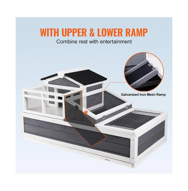 Sugift 3-Room Wooden Tortoise Habitat 2-Story Reptile Enclosure with Balcony Ramp 44 x 25.6 x 24 in
