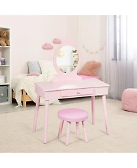 Gouun Kids Wood Vanity Dressing Table with Drawers and Cushioned Stool