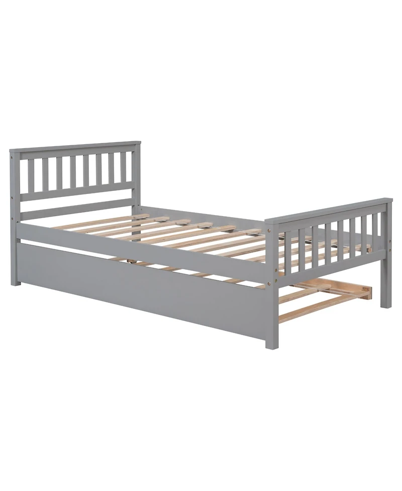 Rainsken Twin Bed with Trundle, Wood Platform Frame Headboard and Footboard, No Box Spring Needed for Kids Boys Girls Teens