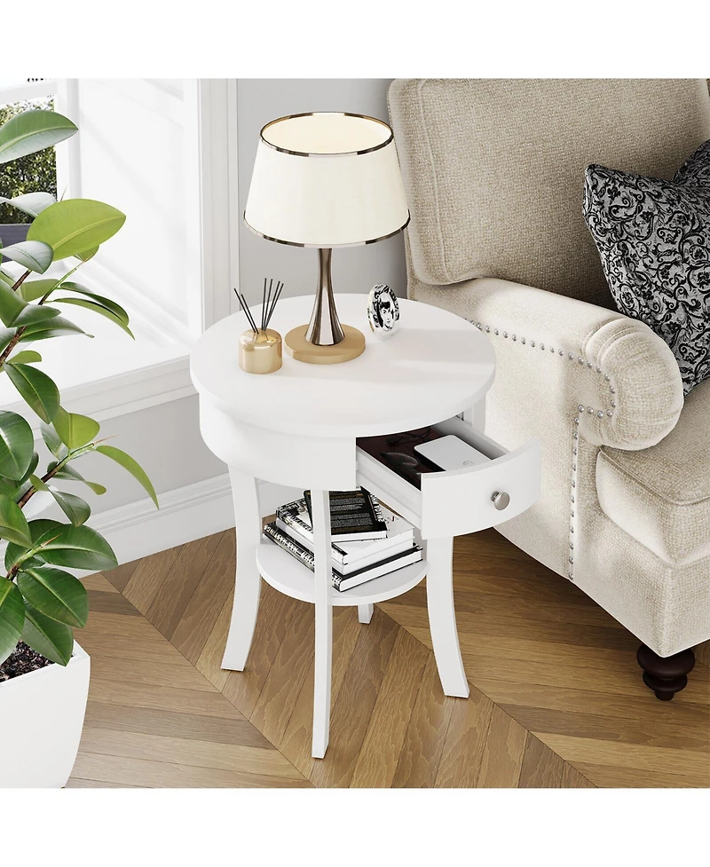 Sugift 2-Tier Wood Round End Table with Open Drawer