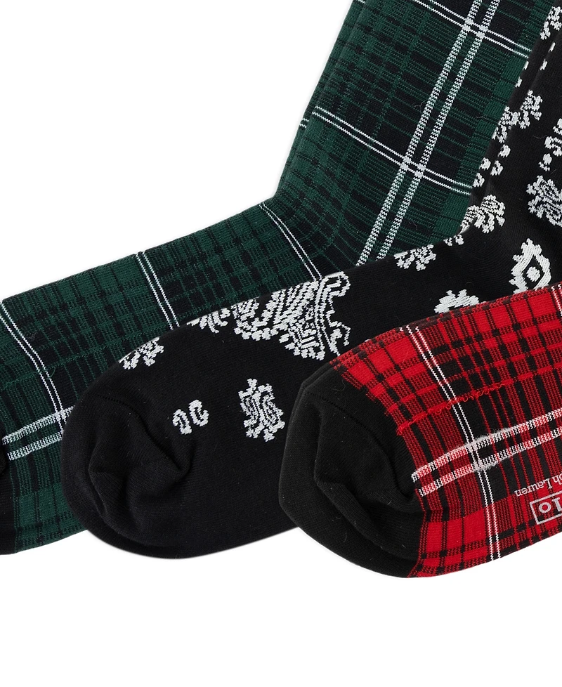 Polo Ralph Lauren Men's Chopped Bandana and Plaid Pattern Socks, 3-Pack
