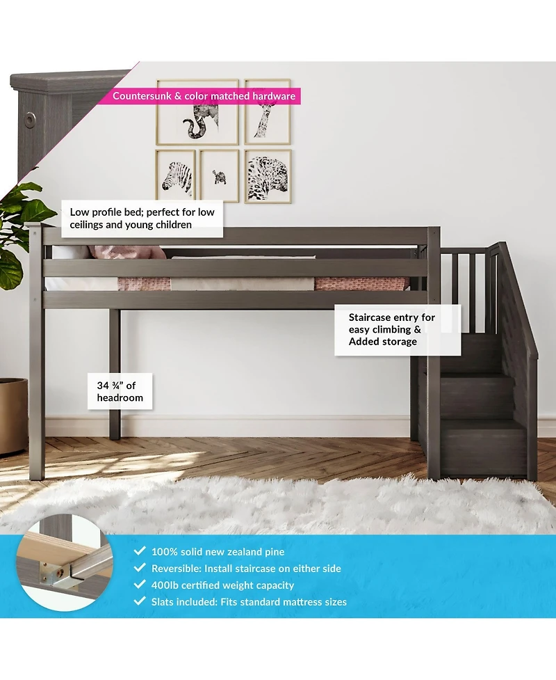 Max & Lily Solid Wood Twin Loft Bed with Stairs, Beds Ladder for Kids