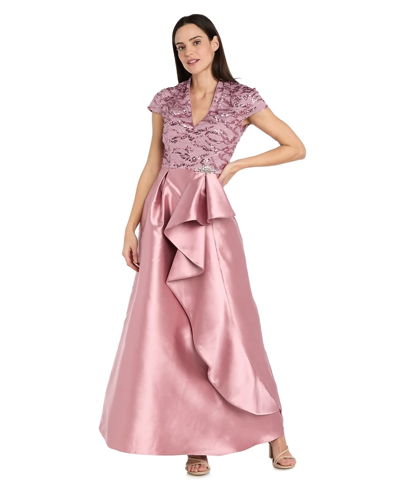 R & M Richards Women's Long Mikado Ballgown with Embroidered Mesh Bodice