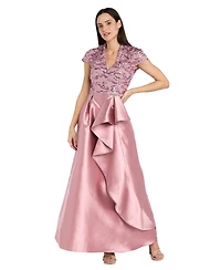 R & M Richards Women's Long Mikado Ballgown with Embroidered Mesh Bodice