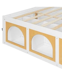 Rainsken Full Size Platform Bed, Modern Wooden Bed Frame with Bookshelf, Side Display Cabinet, Led Light and Storage Drawer for Kids and Teens