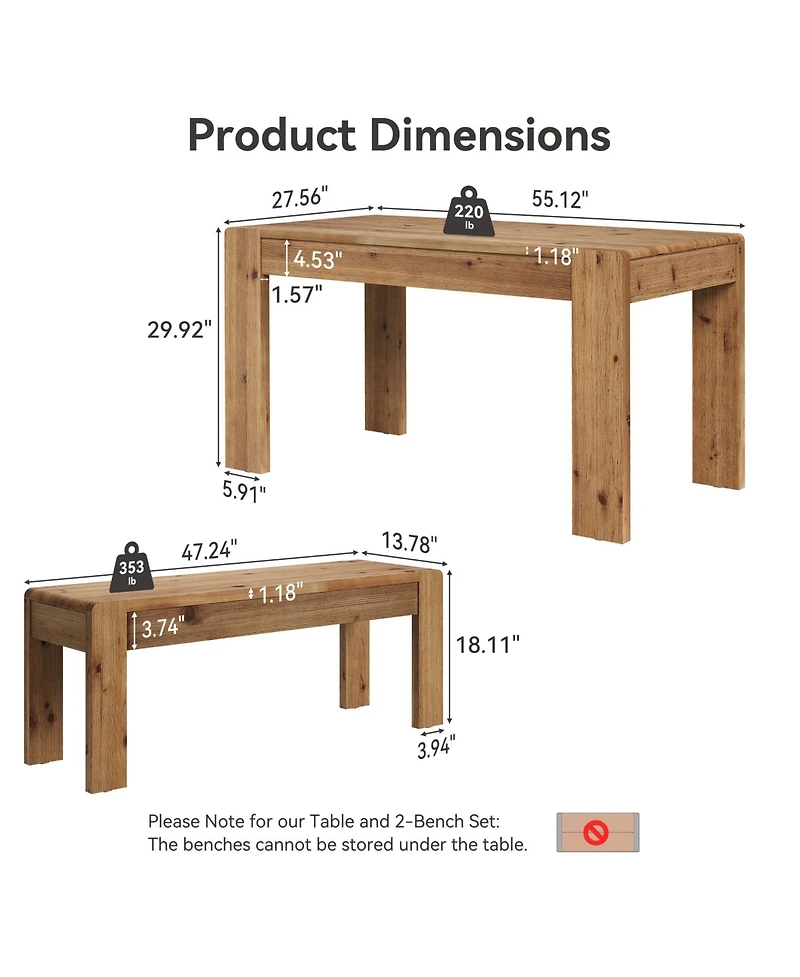 Tribesigns Solid Wood Dining Table Set for 4-6, 55" Dining Table with 2 Benches, Farmhouse Kitchen Table Set with Sturdy Legs, Dining Room Table Set