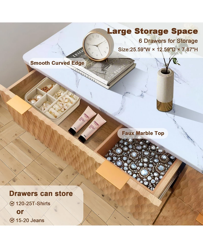 gaomon 6 Drawer Wood Dresser with Faux Marble Top, 54" Wide Farmhouse Chest, Drip Pattern Design